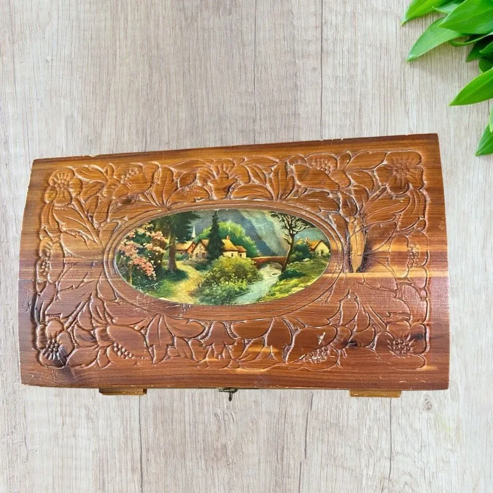 VINTAGE Cedar Footed Wood JEWELRY BOX Carved Decoupage Village MIRROR LID 1950’s